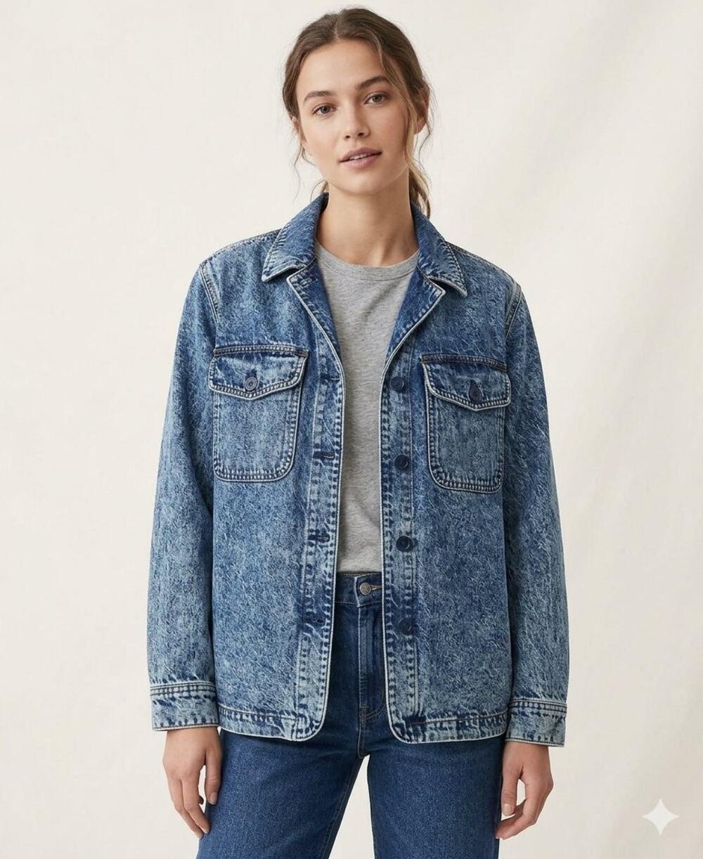 Gap Denim Shirt Jacket Medium Indigo Acid Wash Utility Chore Coat SZ L